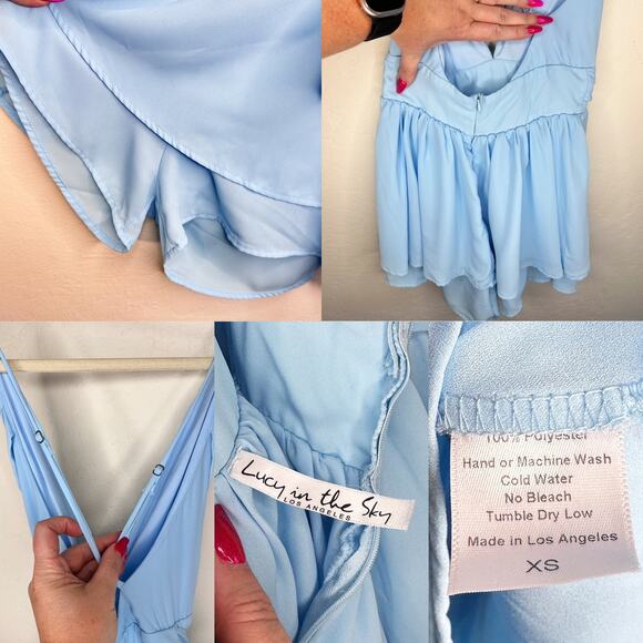 Lucy in The Sky Secret Crush Sleeveless Pleated Tie Waist Romper Sky Blue XS - Picture 12 of 14
